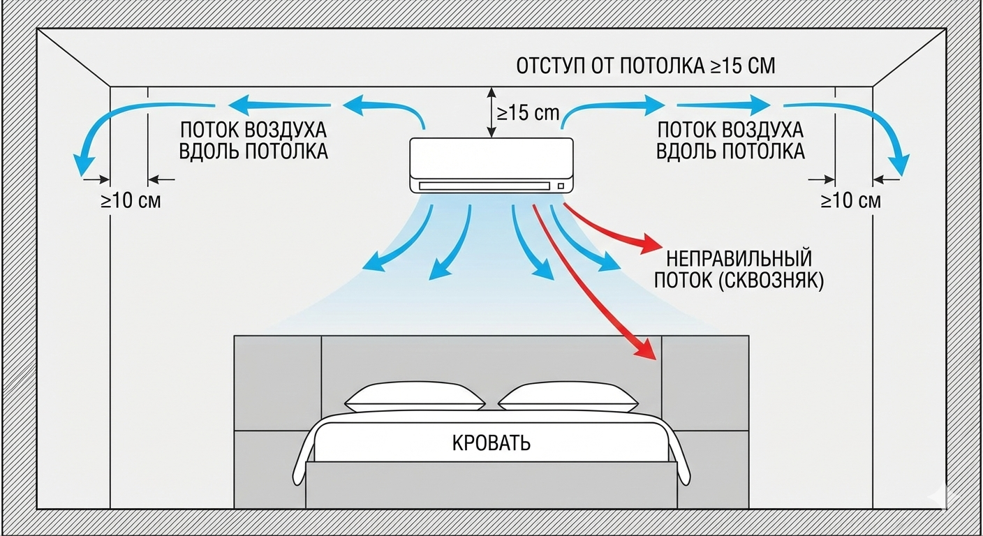 Где именно в комнате вешать кондиционер, чтобы не простудиться?
